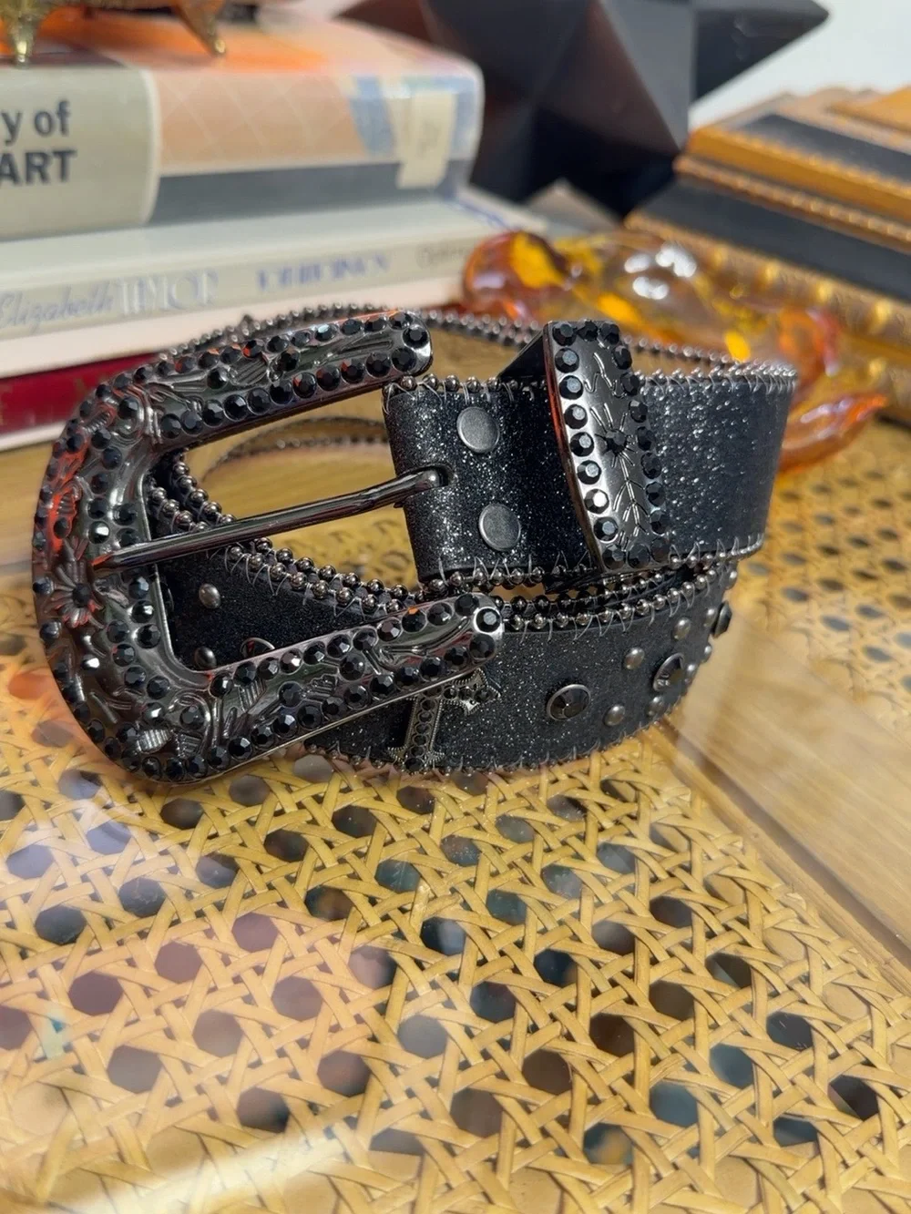 Y2K Black Rhinestone Cross Studded Western Belt 35”
